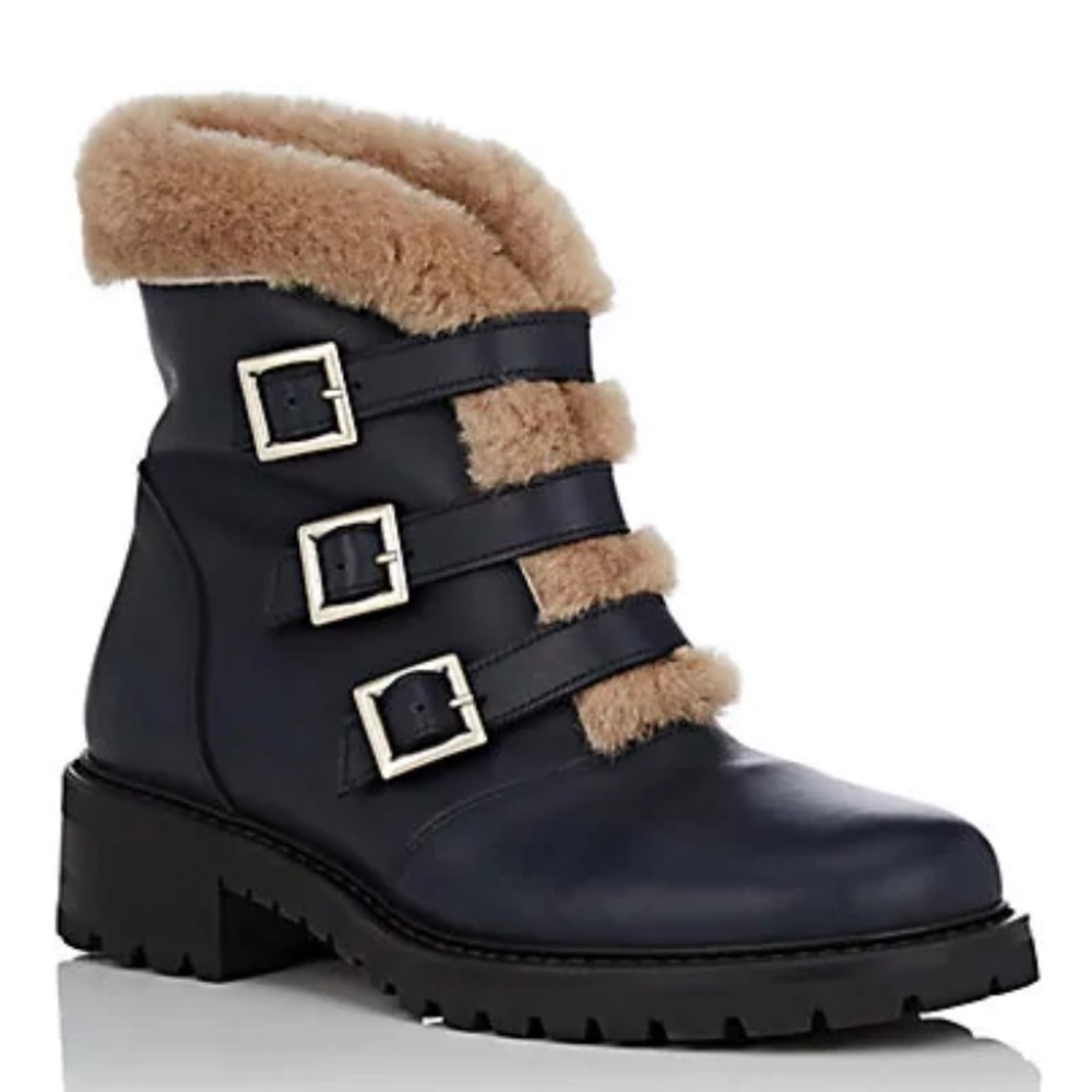 NEW BARNEYS NEW YORK Leather & Shearling Lined Navy Fur Booties $795 EU 36